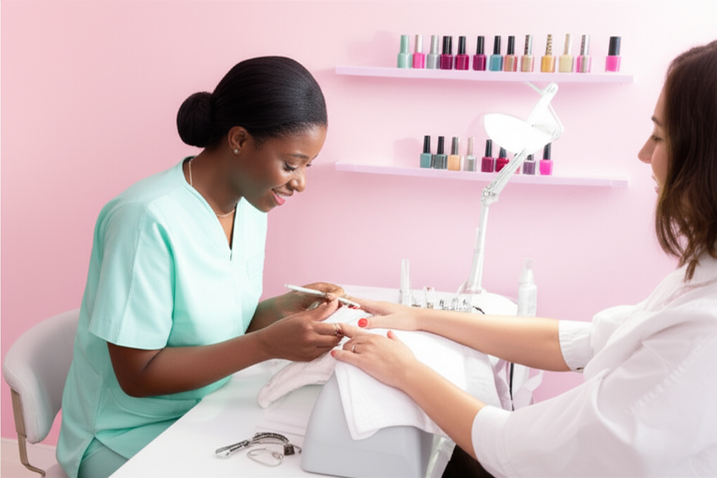 Professional nail technician at work in luxury salon